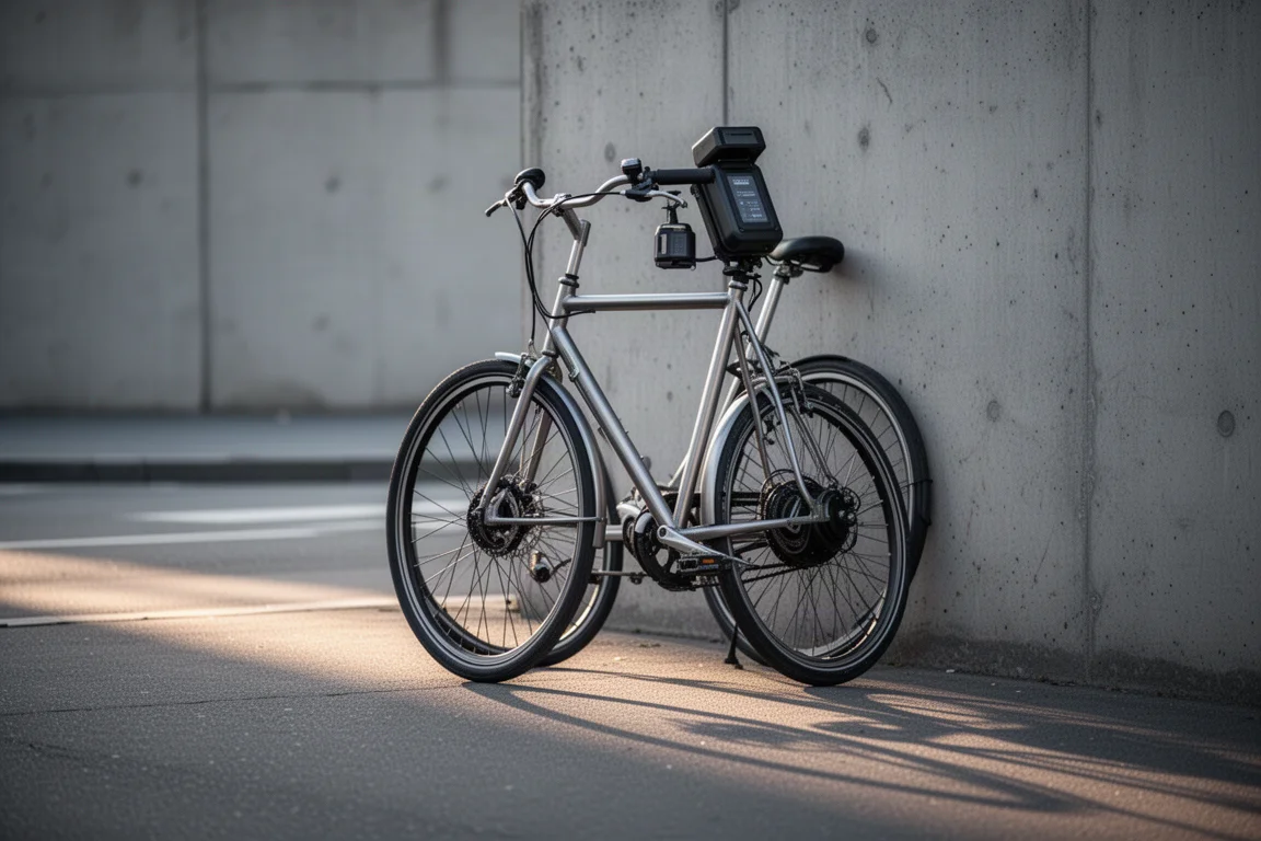 Stadsfiets met een omgebouwd voorwiel en accu op het stuur, geparkeerd op een stadsstraat bij zonsopgang