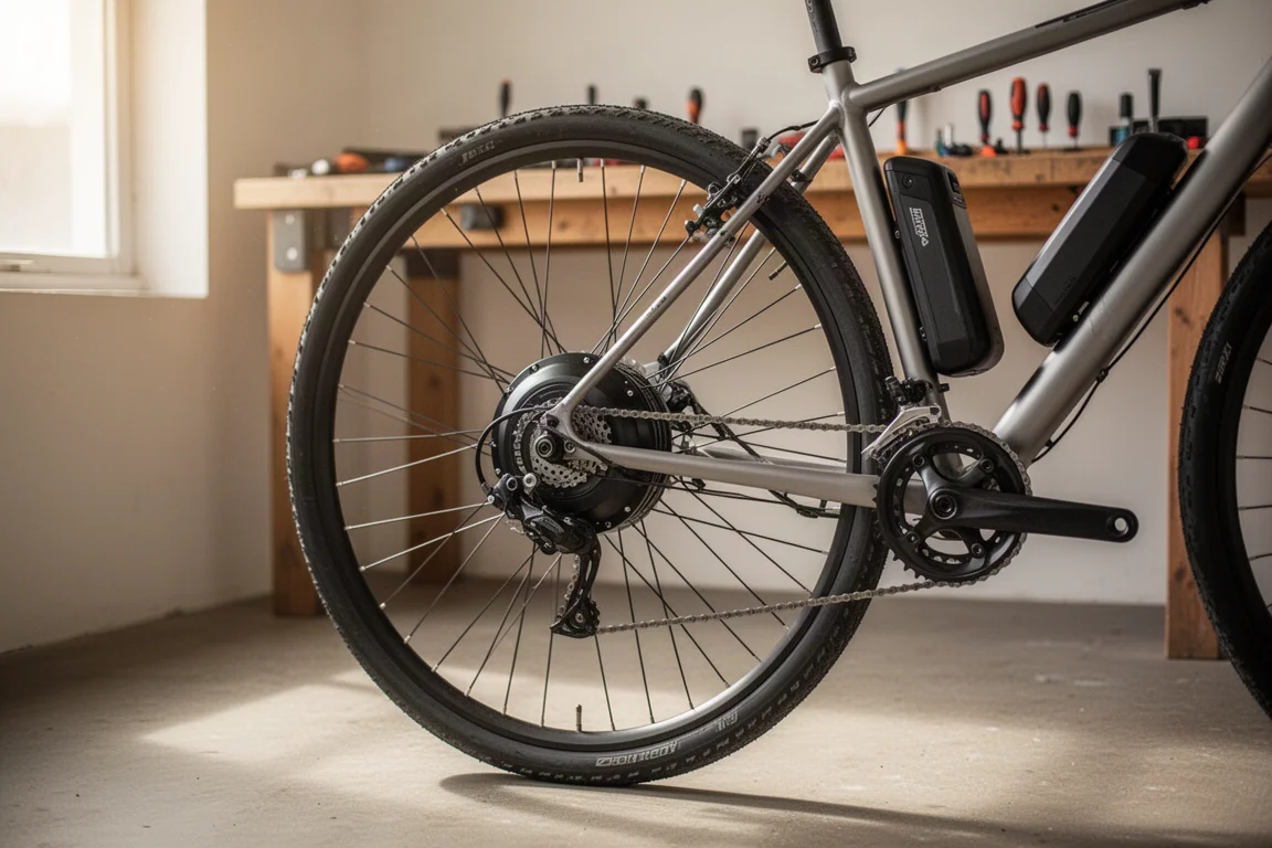 Naafmotor achter en accupakket gemonteerd op een fietsframe in een werkplaats
