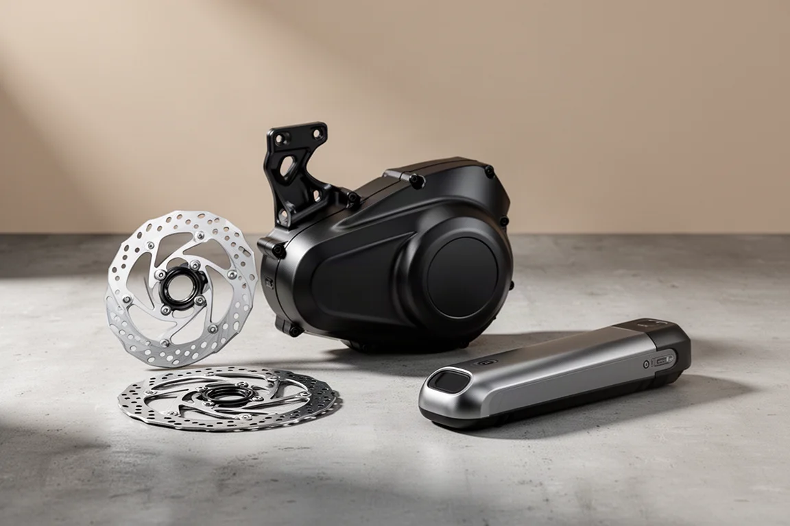 E-bike drive unit, disc rotor and bar-mounted battery pack arranged on a concrete surface