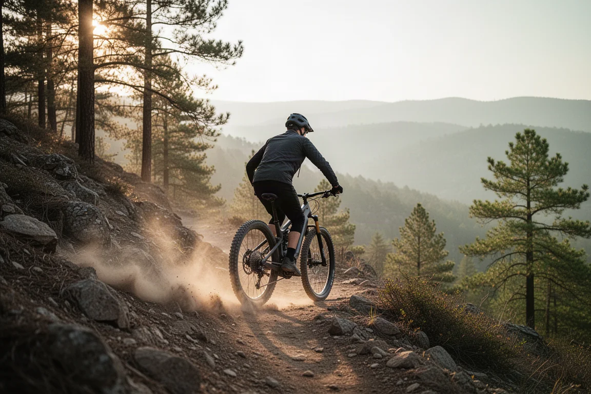 E-MTB-åkare som klättrar uppför en brant stenig stig i lågt gyllene ljus