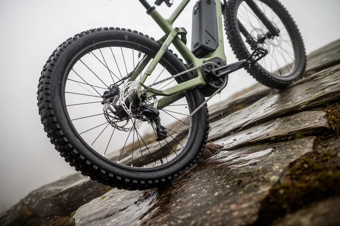 Bakhjulet på en E-MTB som greppar en våt klipphäll i en teknisk klättring