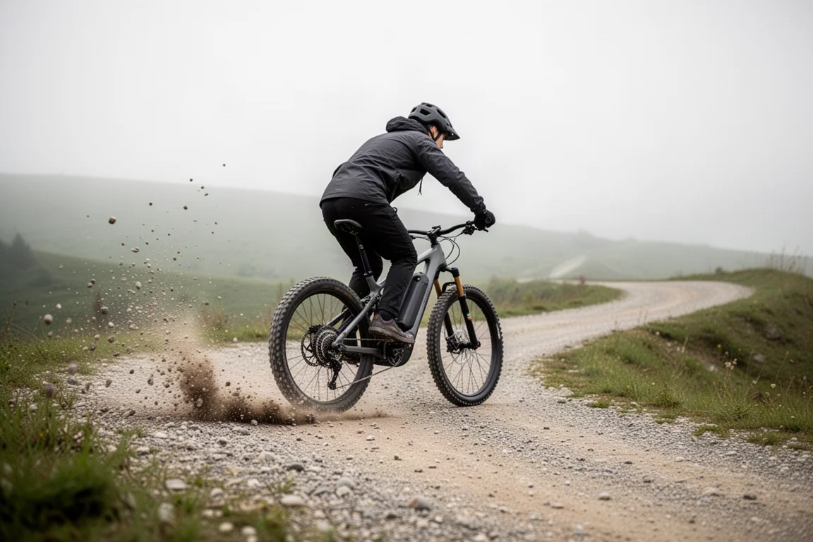 E-MTB som accelererar i en grusad serpentin med småsten som sprätter upp