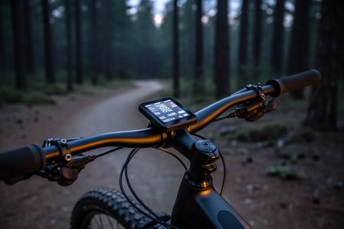 Elcykeldisplay på överröret som lyser vid en skogsstig i skymningen