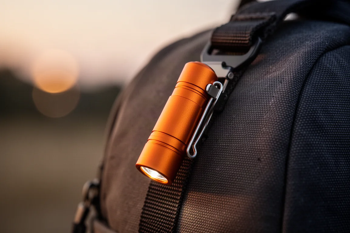 En liten orange metallficklampa fäst i en jackrem i skymningen