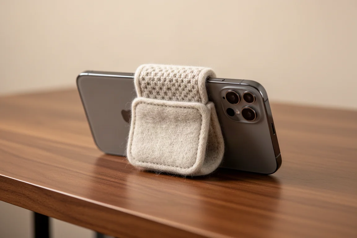Ett kortfodral i ull fäst på baksidan av en smartphone
