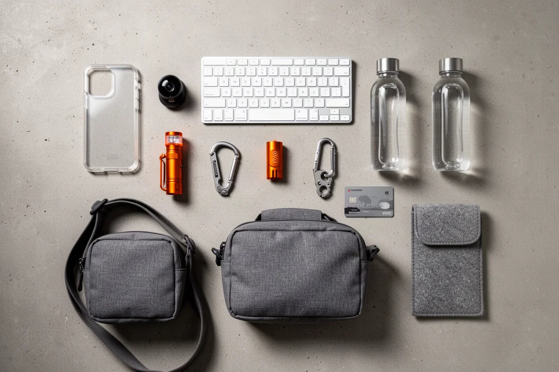 Flat-Lay mit neun Everyday-Carry- und Schreibtisch-Accessoires auf einer Betonoberfläche