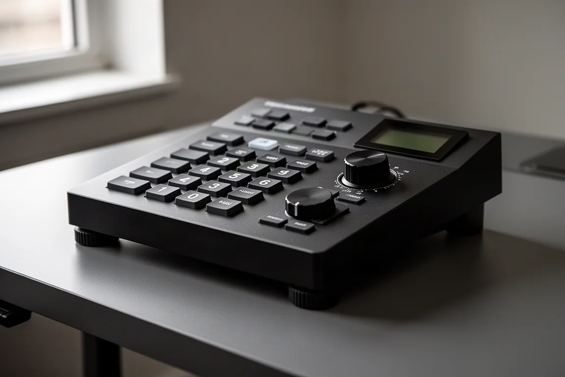 Controlador macro contundente con botones y dial sobre una superficie de escritorio mate