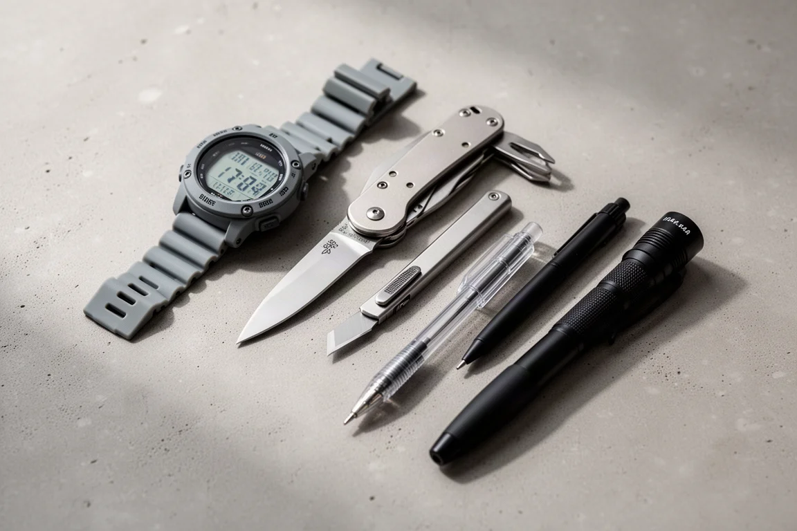Flat-lay of everyday carry gear including a watch, knives, multi-tool, pens, and flashlight