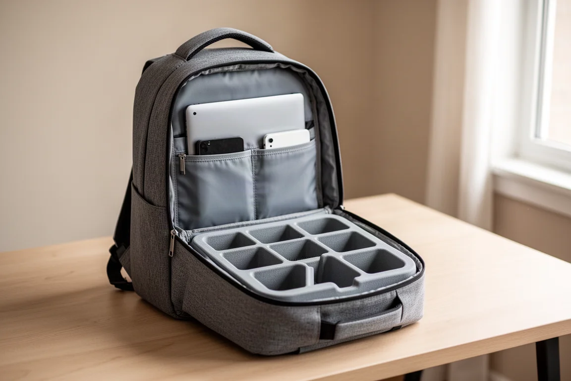 Sac à dos ouvert sur un bureau en bois avec des compartiments organisés et du matériel visible à l'intérieur
