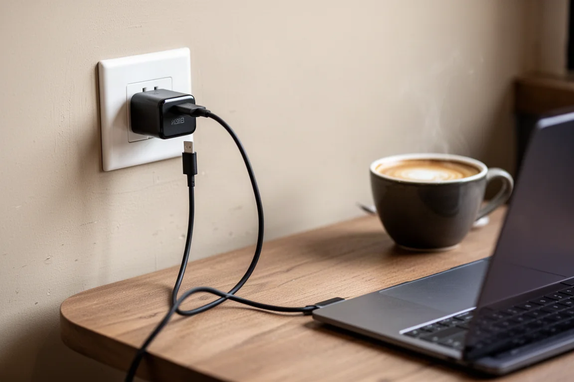 Prise murale avec chargeur et câble rechargeant un appareil sur une table de café