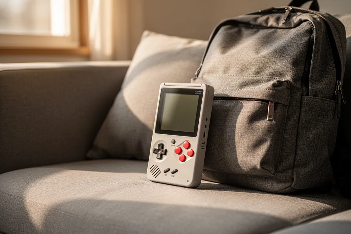 Console de jeu rétro portable posée sur un coussin de canapé à côté d'un sac à dos