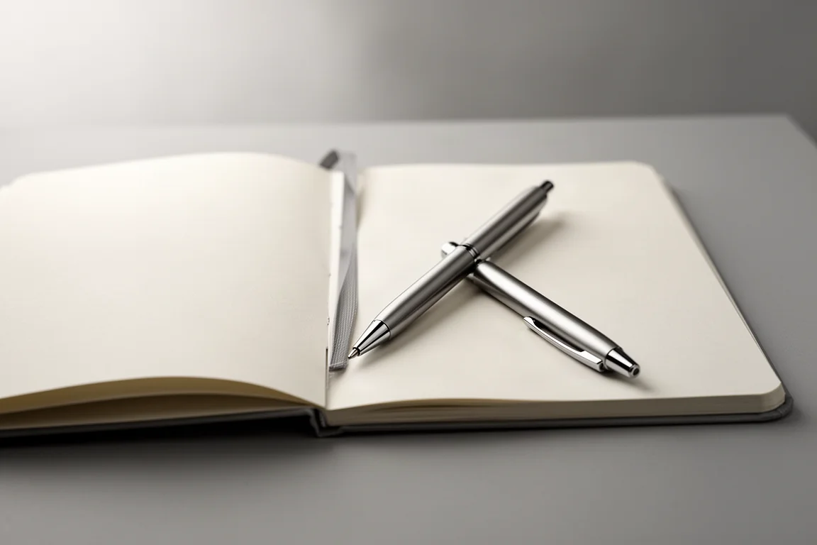 Bolígrafo metálico delgado junto a un cuaderno sobre un escritorio minimalista