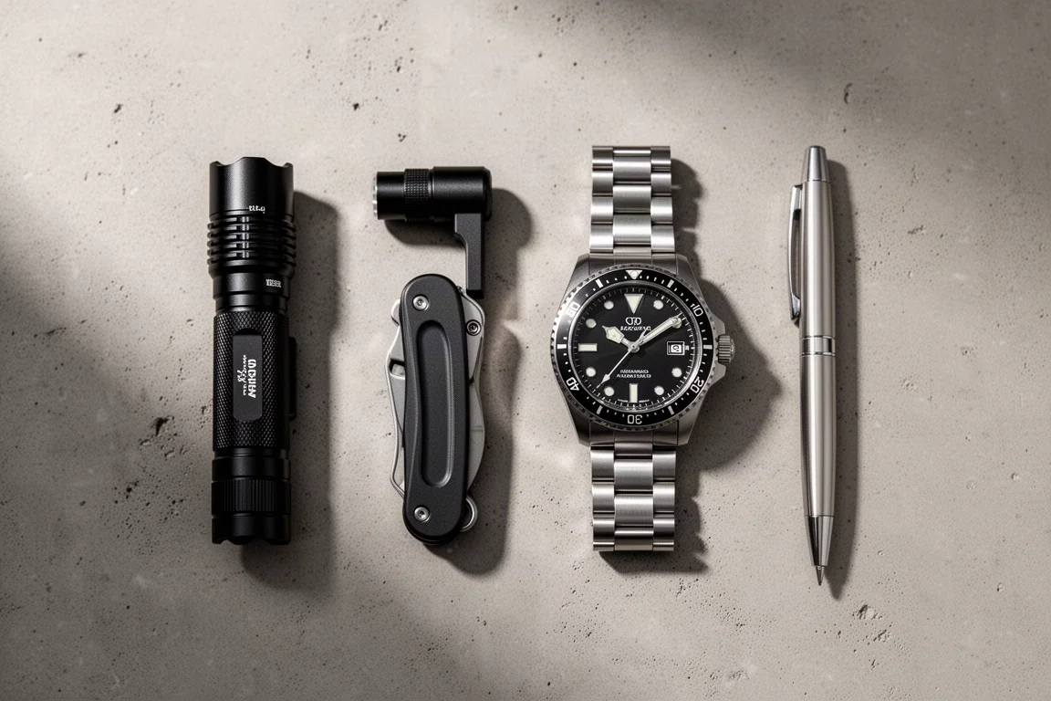 Flat-lay of an EDC flashlight, right-angle light, dive watch and metal pen on concrete