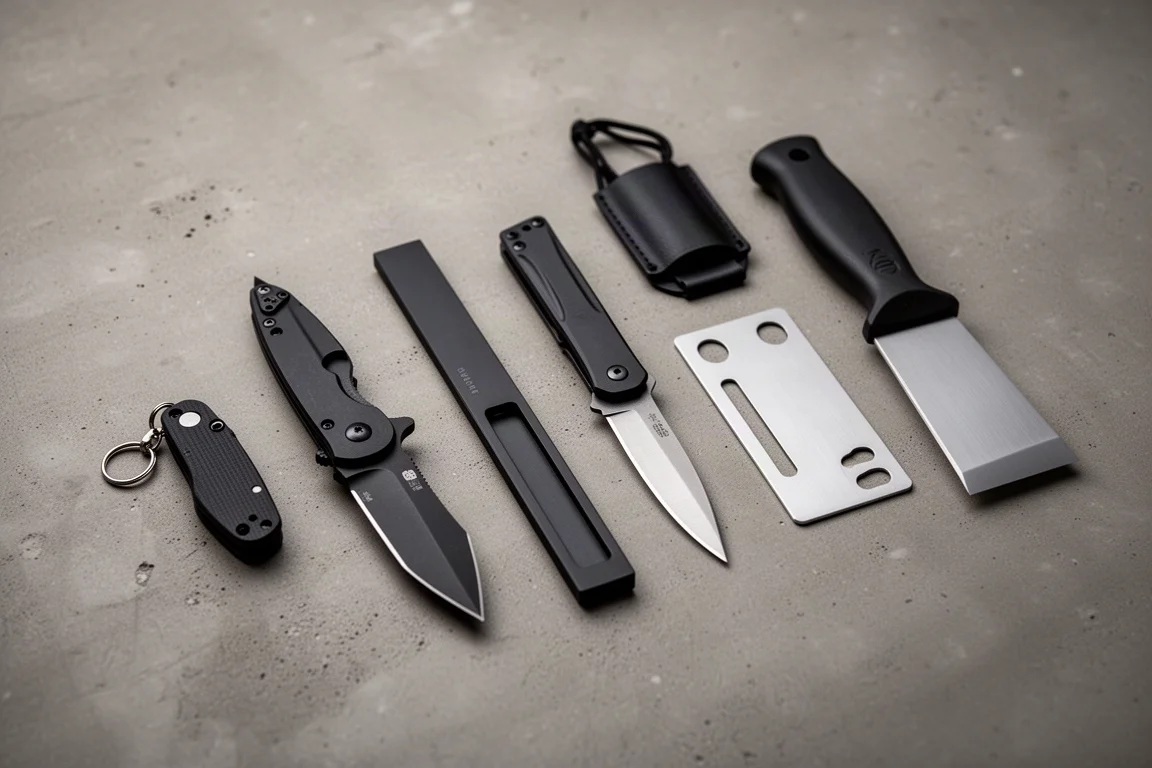 Sei coltelli e attrezzi da everyday carry disposti su una superficie di cemento