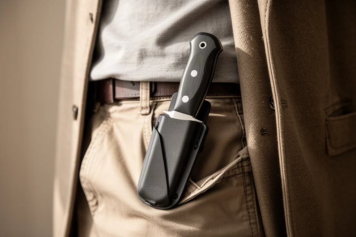 Compact vaststaand EDC-mes met clip aan de binnenzijde van een zak