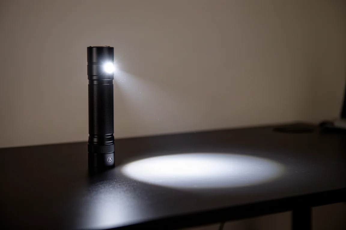 Kleine zaklamp die een fel witte lichtbundel over een donker bureau werpt