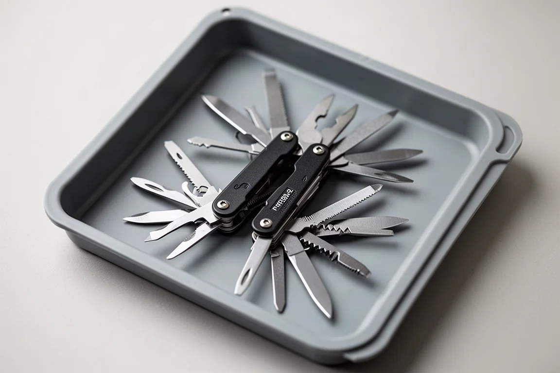 Werktuigen van een multitool in een TSA-inspectielade uitgeklapt