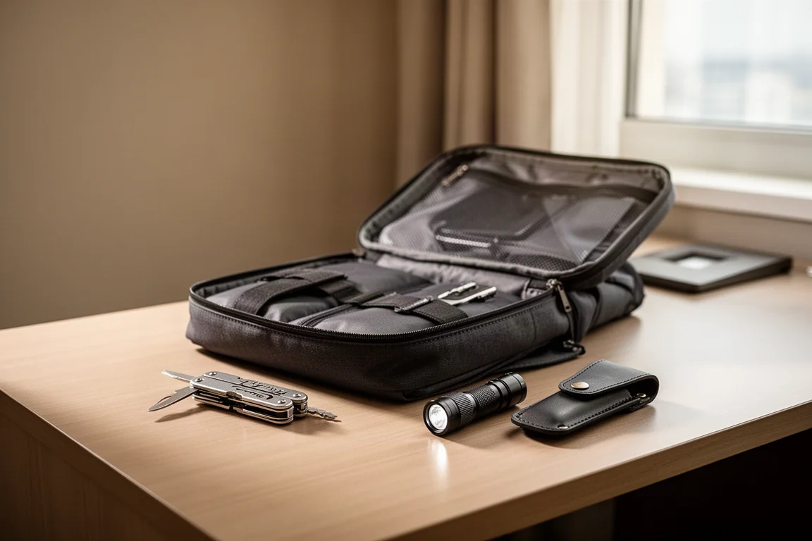 Open reistas op een hotelbureau met everyday carry-uitrusting uitgestald