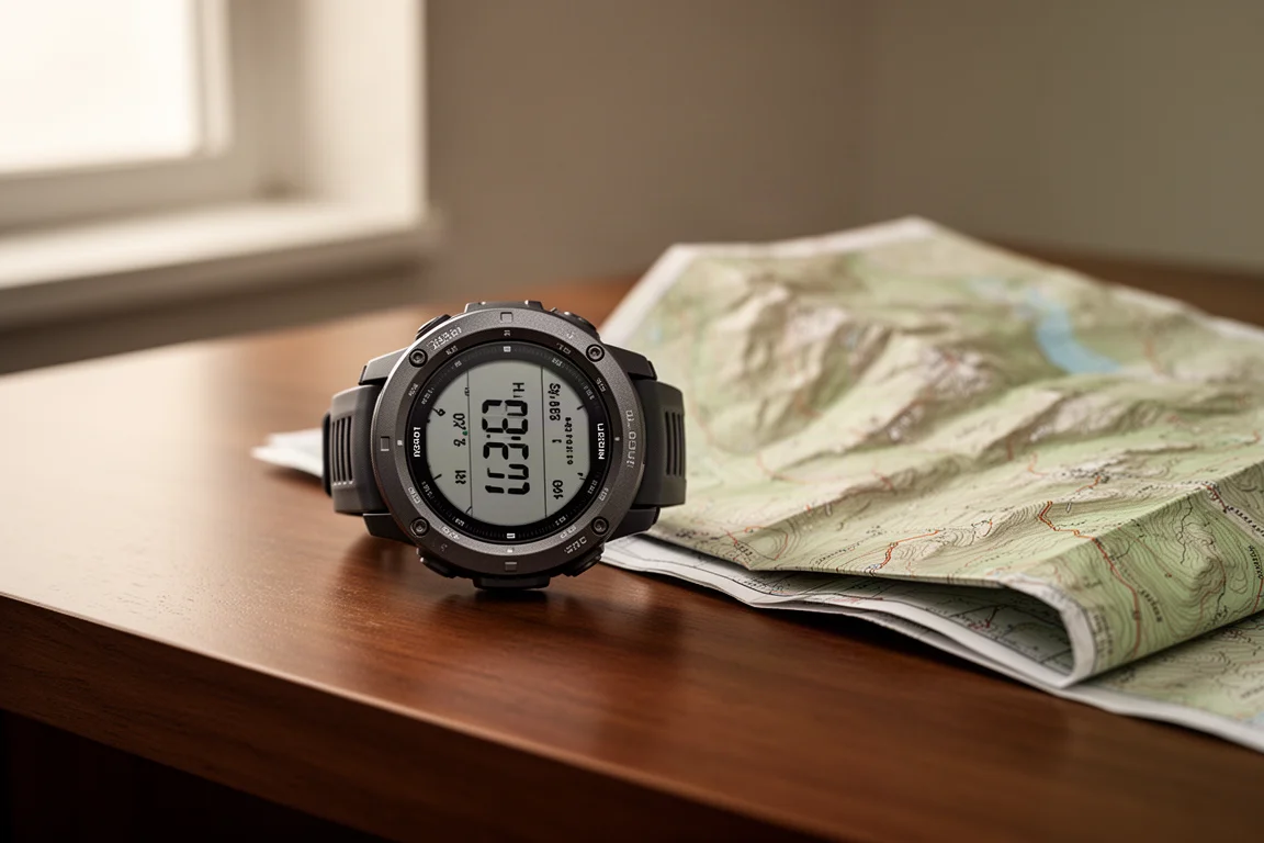 GPS-Sportuhr auf einem Holzschreibtisch im weichen Licht