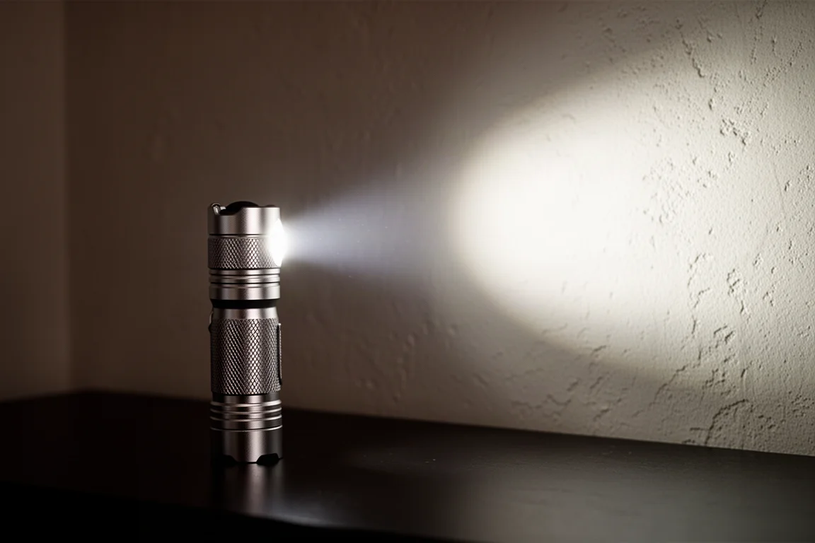Heller LED-Taschenlampenstrahl erhellt einen dunklen Raum