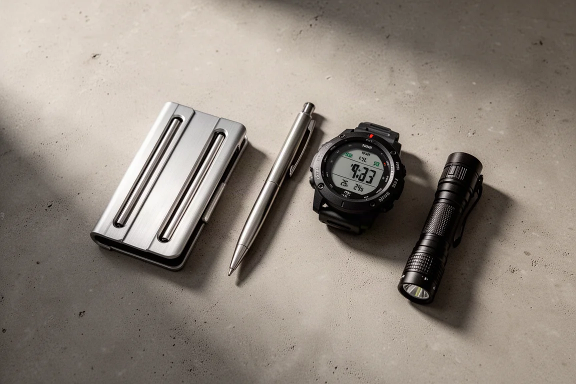 Composizione flat-lay di articoli everyday carry con portafoglio, penna, orologio e torce
