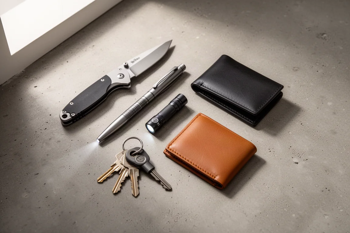 Flat lay of a modern everyday carry setup with knife, pen, flashlight and wallet