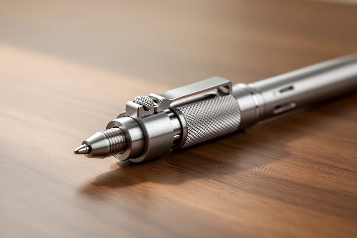 Close-up of a machined bolt-action pen mechanism on a wooden desk
