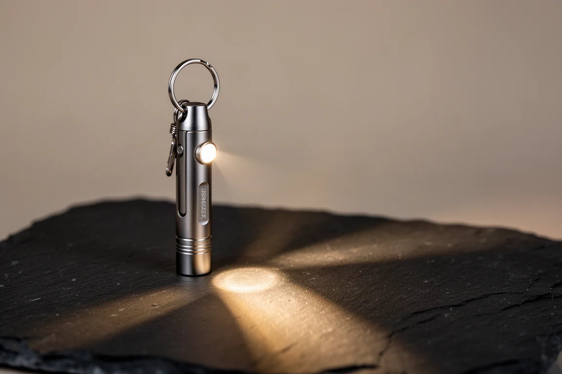 Small titanium flashlight casting a beam across a dark tabletop