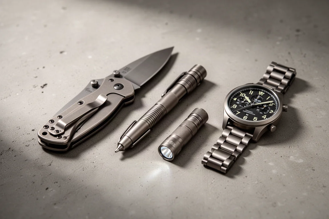 Everyday carry flat lay with titanium knife, pen, flashlight and watch on concrete