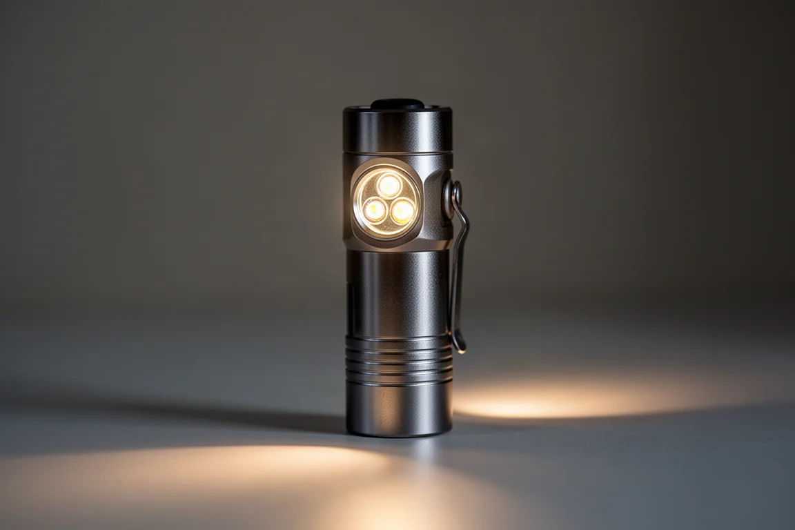 Linterna EDC compacta proyectando un haz cálido con poca luz