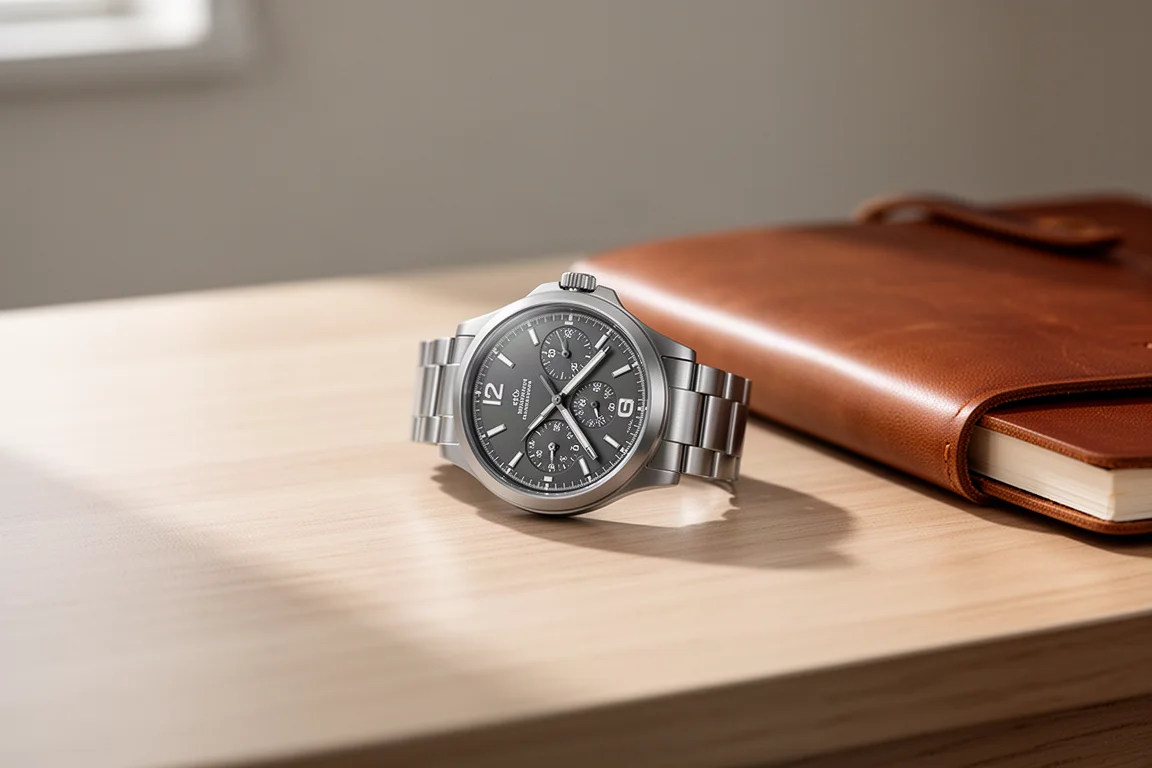 Reloj de campo de titanio con brazalete descansando sobre un escritorio de madera