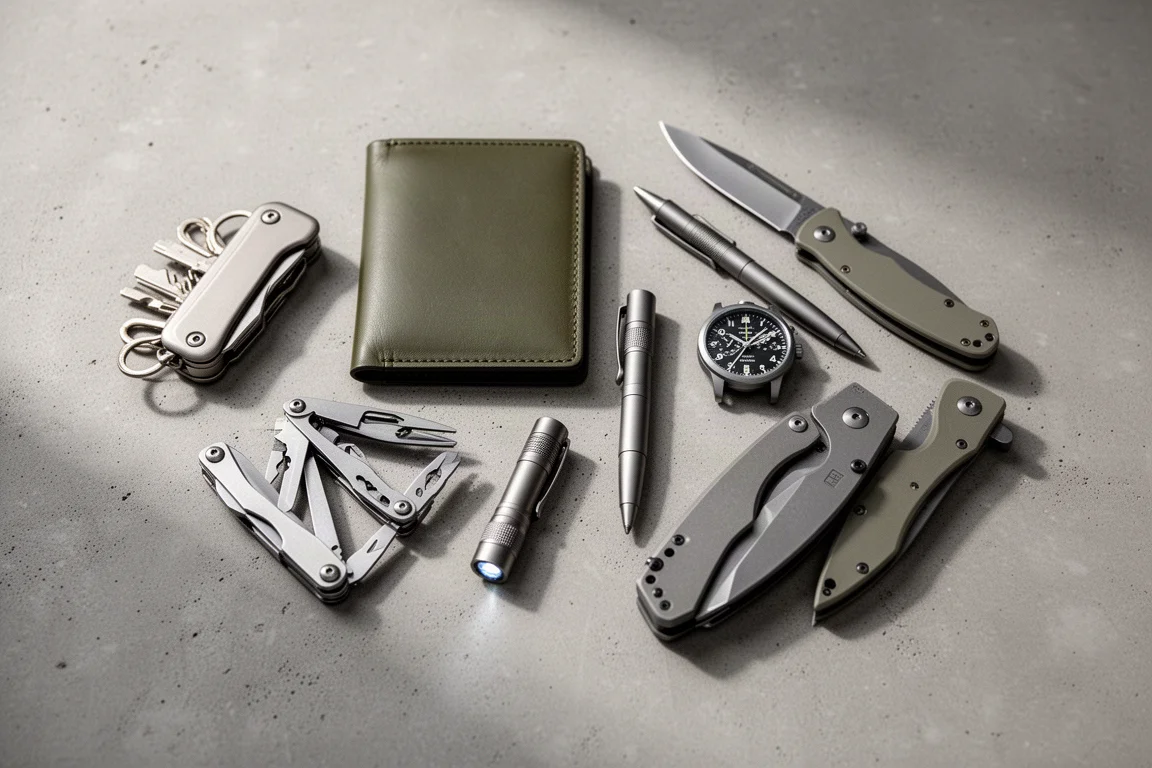 Flat-lay of everyday carry items including wallet, knife, flashlight, pen, and watch on concrete