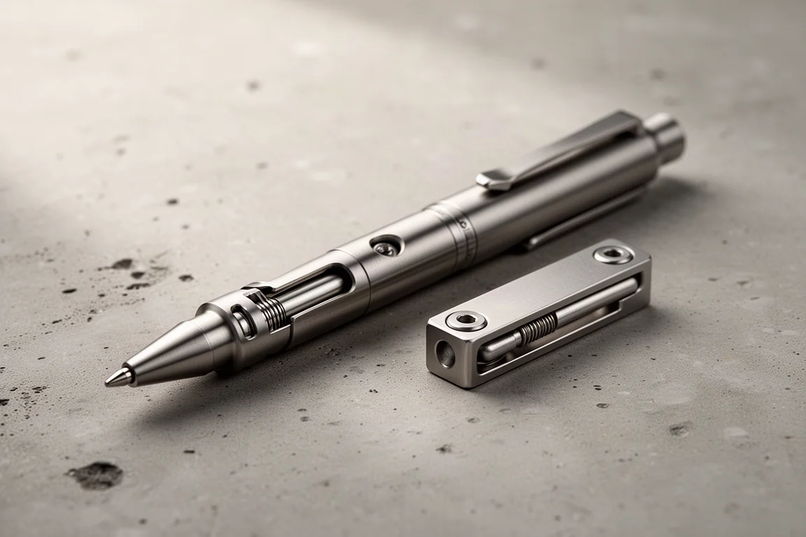 Titanstift und metallener Slider nebeneinander liegend auf einer Betonoberfläche