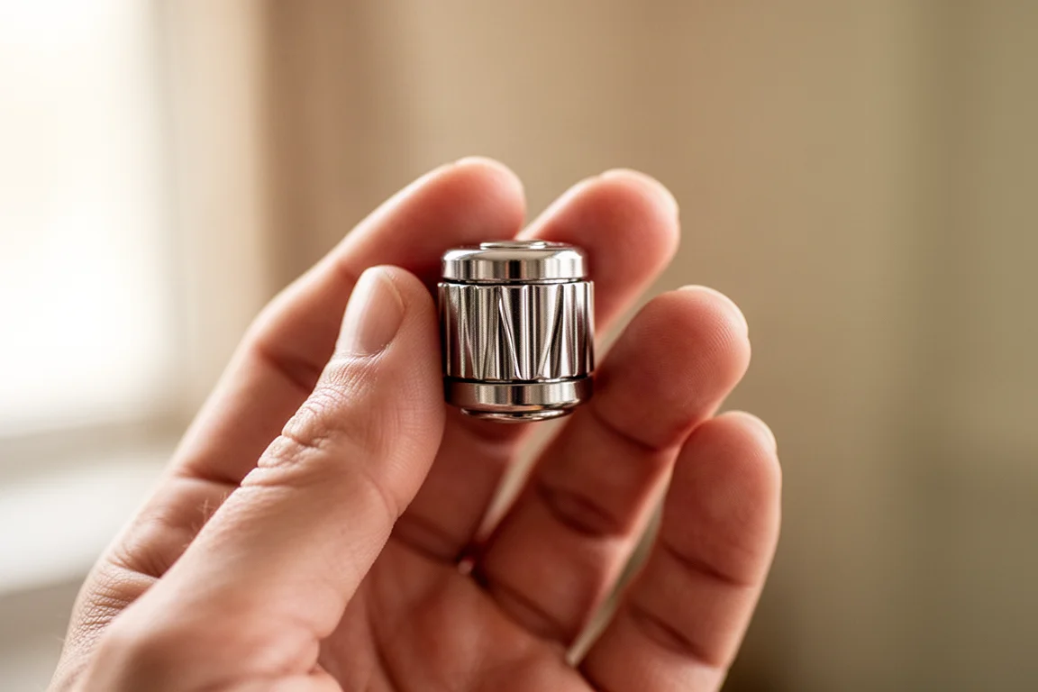 Kleines geriffeltes metallenes Fidget-Gadget in sanftem Licht zwischen den Fingern gehalten