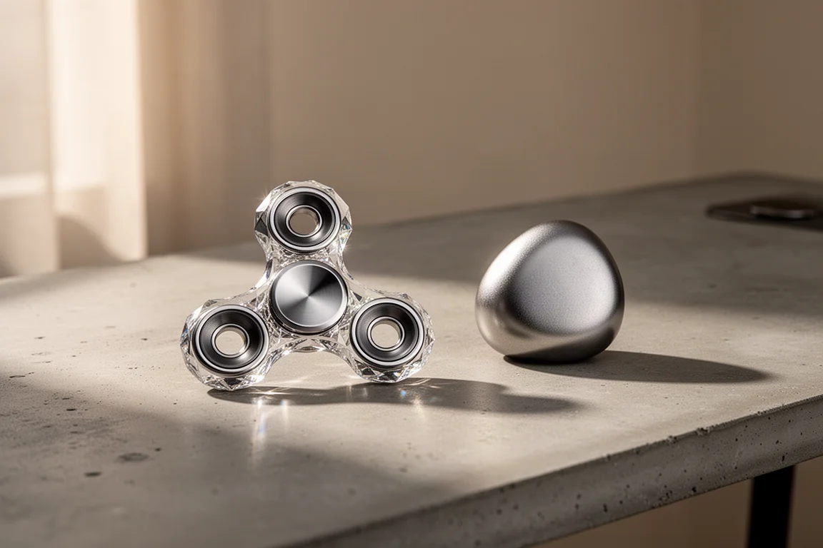 Schwerer metallener Spinner und pebble-förmige haptische Scheibe auf einem Schreibtisch