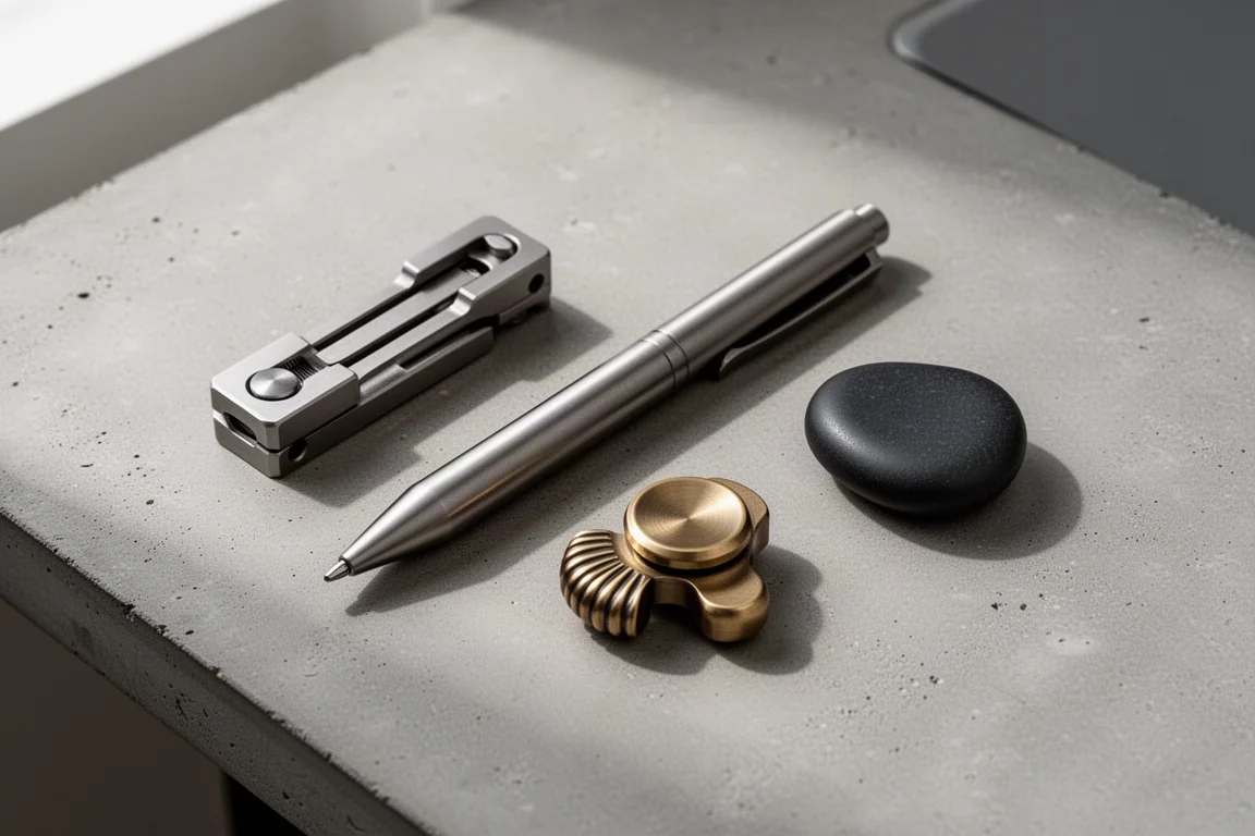 Raccolta di gadget fidget metallici premium disposti su una superficie di scrivania in cemento