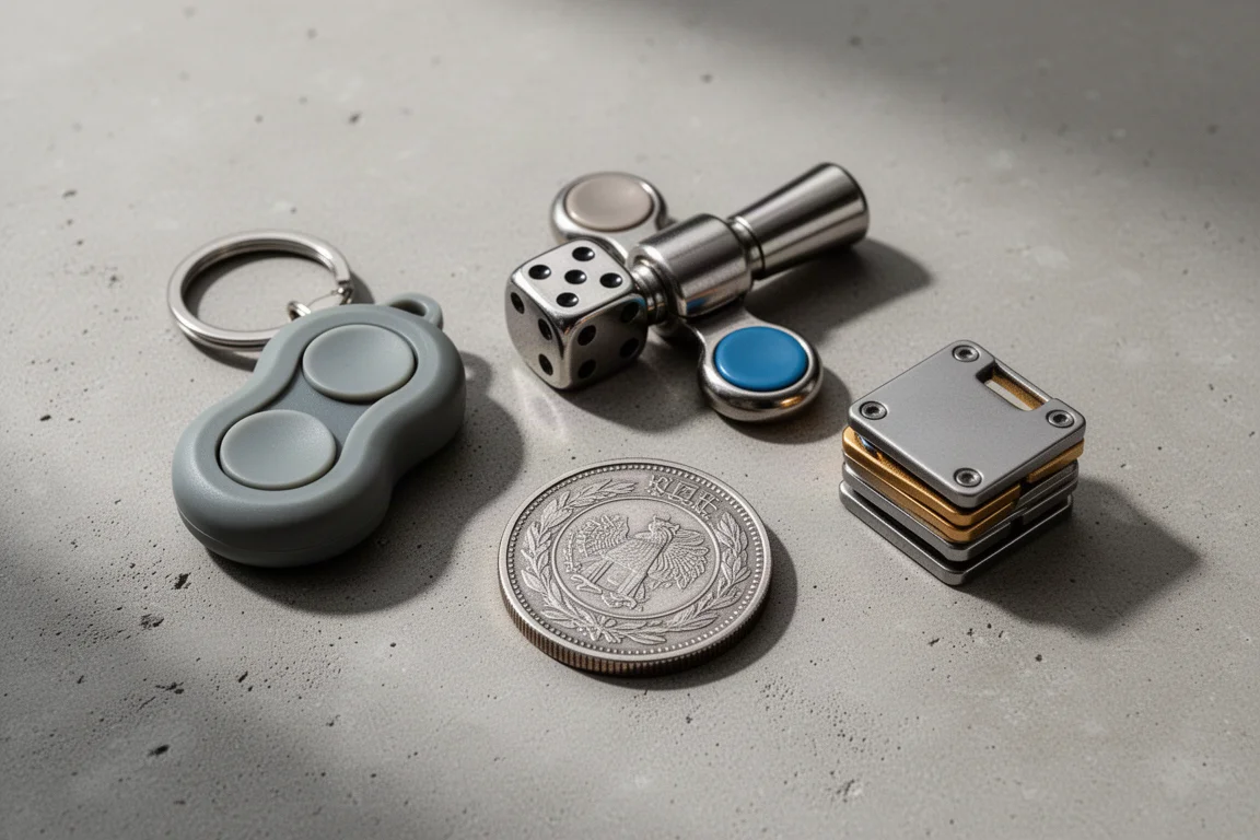 Vier kleine EDC-Fidget-Spielzeuge, angeordnet auf einer matten Betonoberfläche