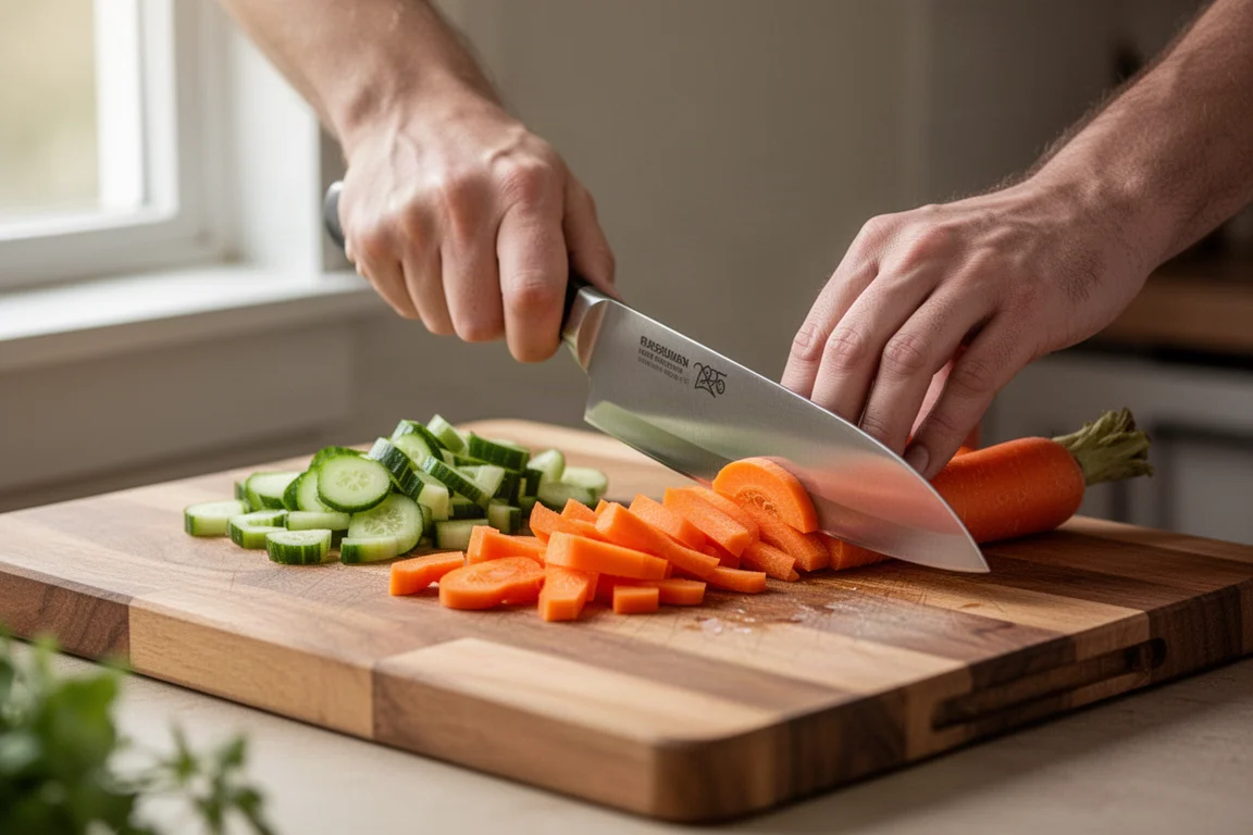 Coltello a lama fissa usato per preparare cibo su un tagliere di legno
