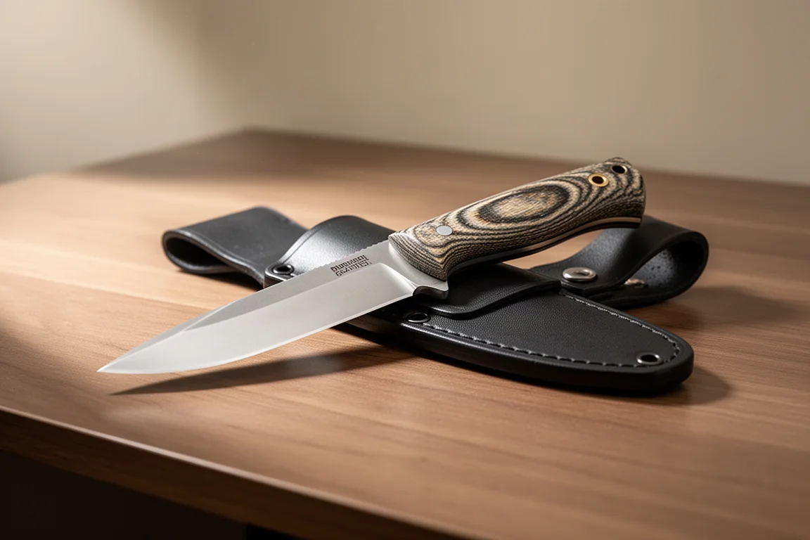 Coltello a lama fissa con manico in micarta appoggiato su un fodero in cuoio