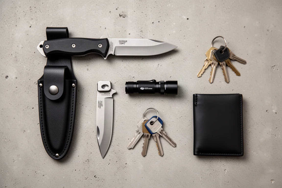Flat-lay di oggetti da everyday carry tra cui un coltello, una torcia e un multi-tool