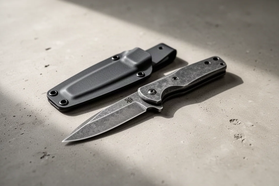 Cuchillo fijo pequeño descansando sobre una superficie de hormigón junto a su funda