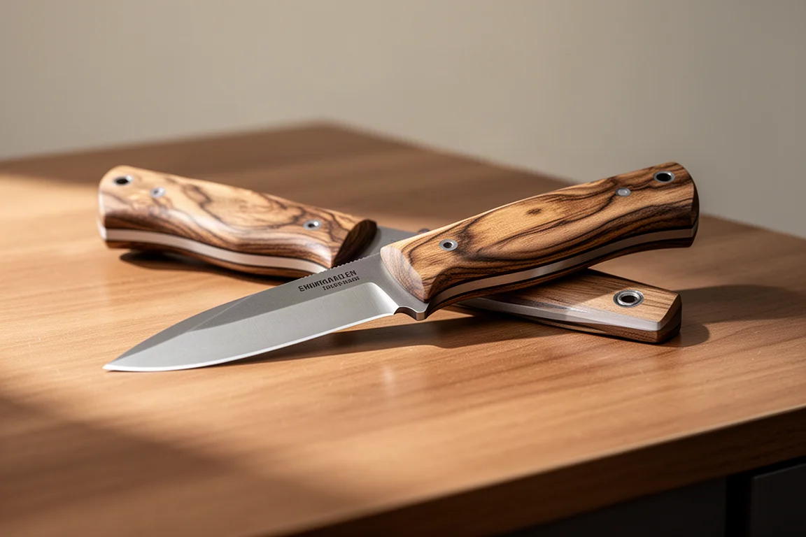 Primer plano de un cuchillo fijo con mango de nogal sobre un escritorio de madera