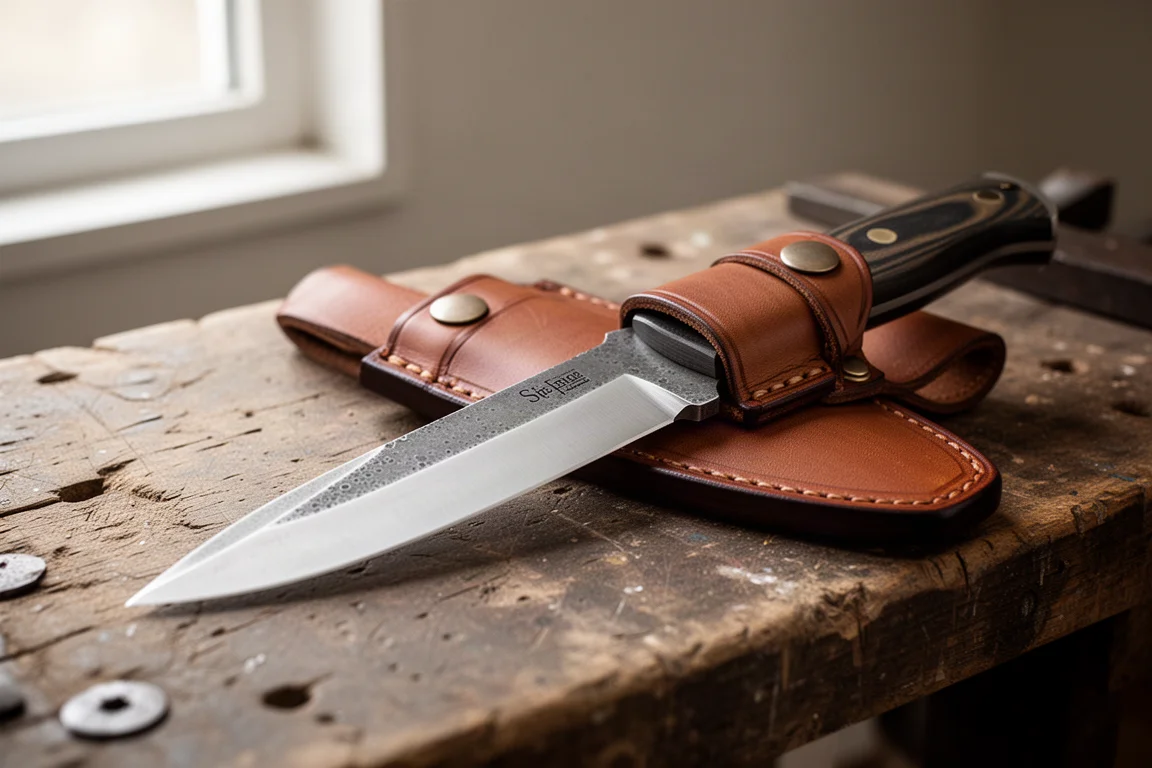 Cuchillo fijo más grande con funda de cuero para bolsillo sobre un banco de trabajo