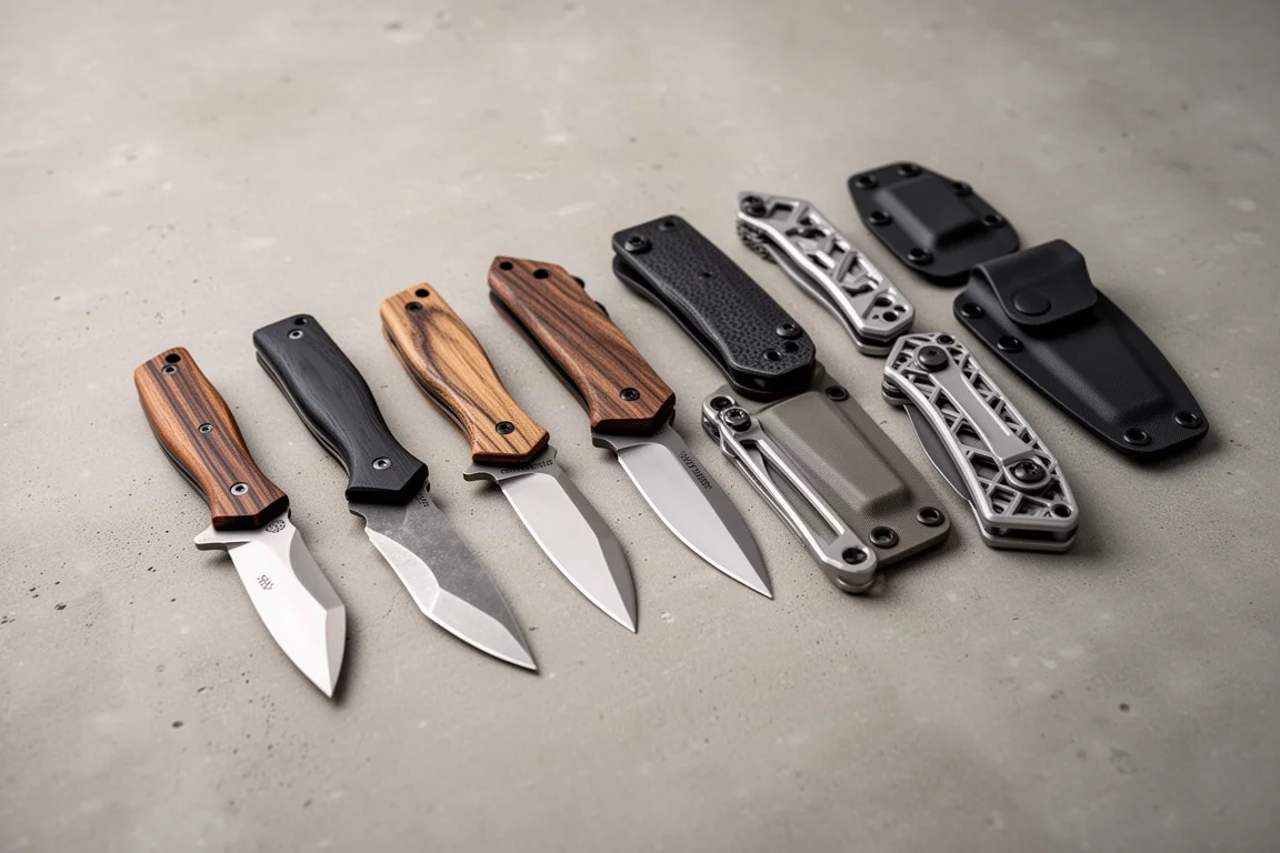 Fifteen small fixed blade EDC knives with varied handles and sheaths on concrete