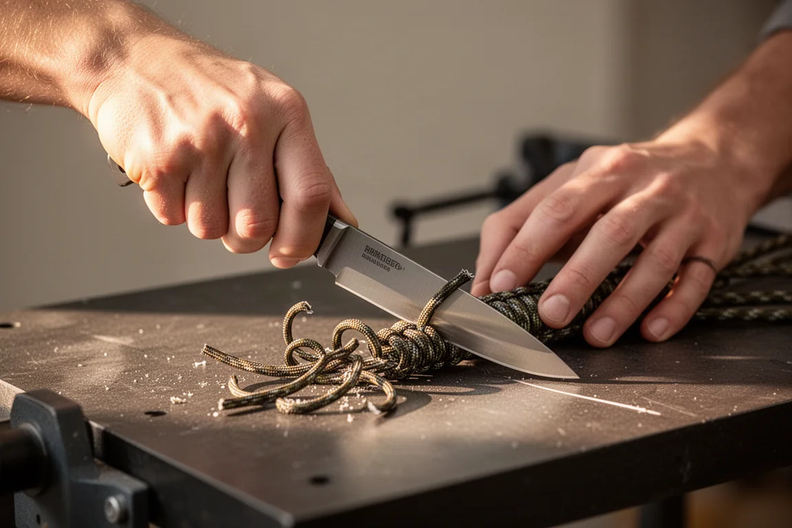 Person schneidet mit einem kleinen Feststehmesser Schnur auf einer Werkbank