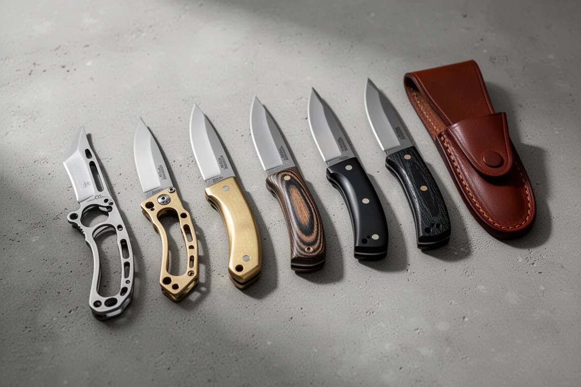 Seven small fixed blade knives in a row on concrete with leather sheaths