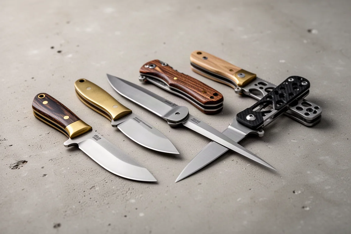 A row of assorted fixed blade knives with different blade shapes and handle materials on concrete