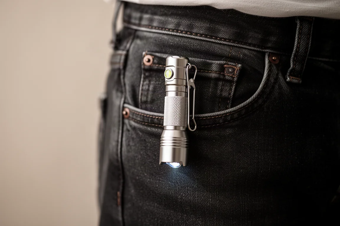 Compacte EDC-zaklamp, geklemd op de rand van een spijkerbroekzak