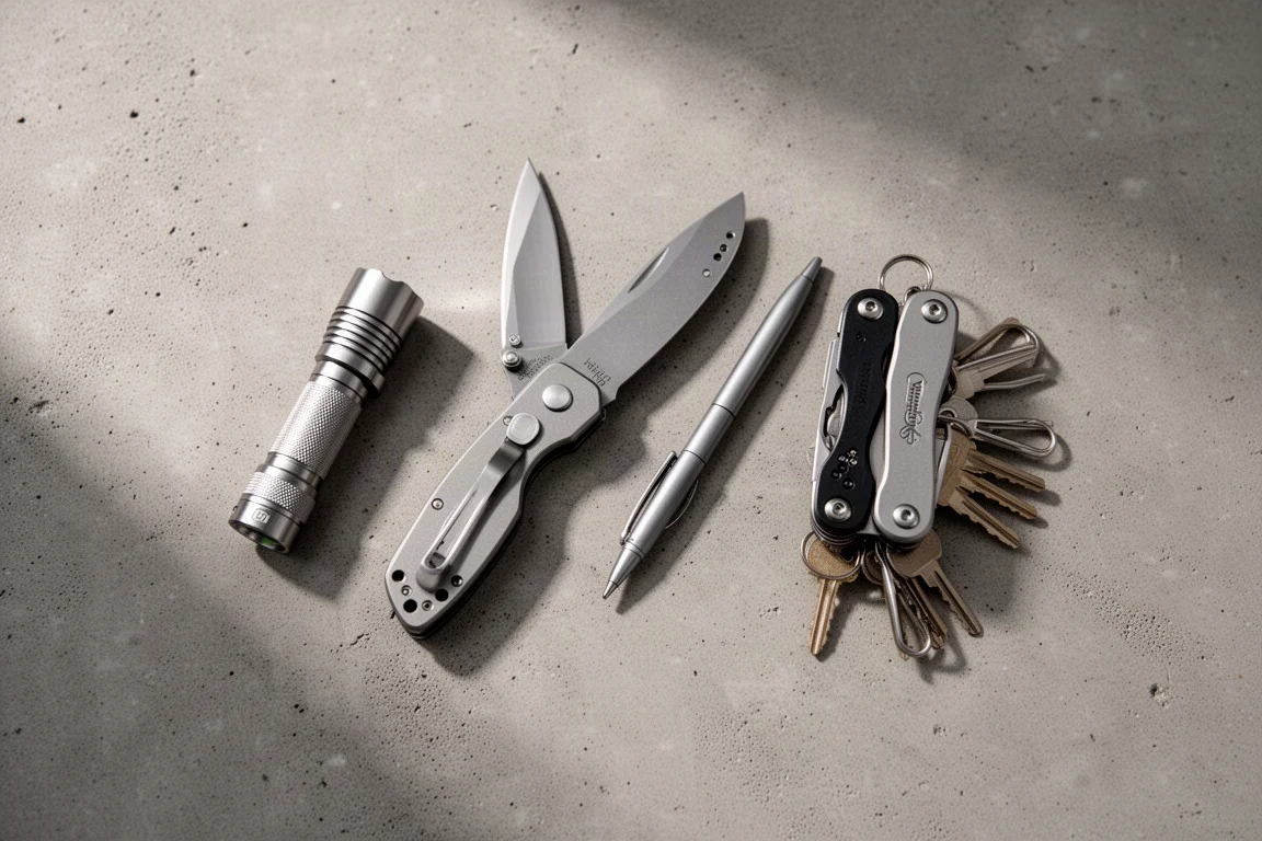 Kleine zaklamp en compacte tools, uitgestald als een everyday-carry-overzicht