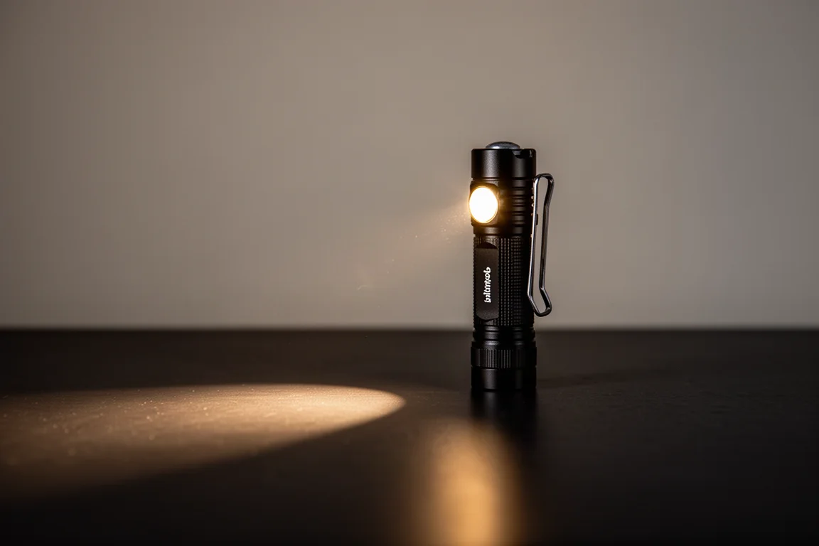 Haz de una pequeña linterna iluminando una mesa en penumbra